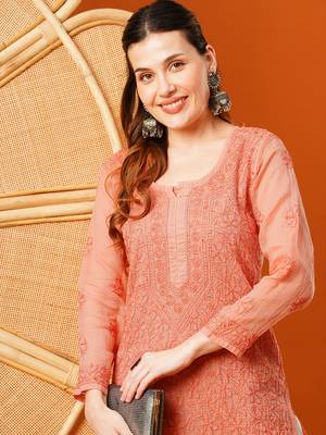 hand embroidered peach kota lucknowi chikankari straight kurta with slip 5
