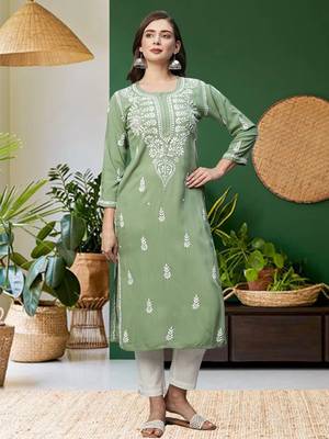 hand embroidered sage green rayon lucknowi chikankari straight kurta 1