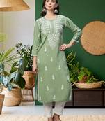 hand embroidered sage green rayon lucknowi chikankari straight kurta