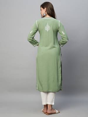 hand embroidered sage green rayon lucknowi chikankari straight kurta 2
