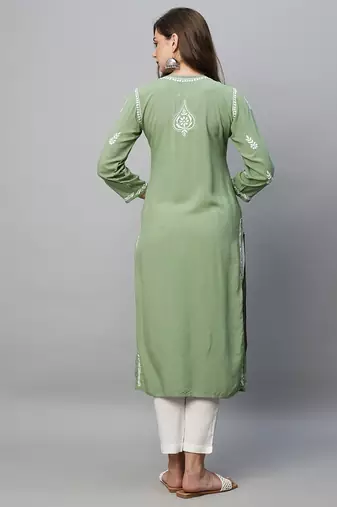 hand embroidered sage green rayon lucknowi chikankari straight kurta