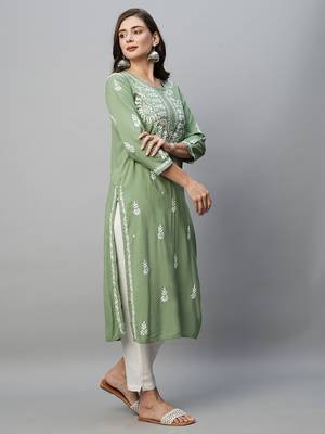 hand embroidered sage green rayon lucknowi chikankari straight kurta 3