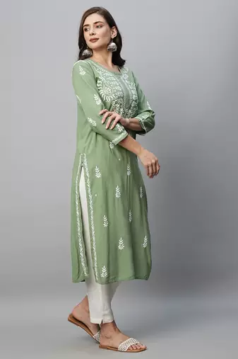 hand embroidered sage green rayon lucknowi chikankari straight kurta