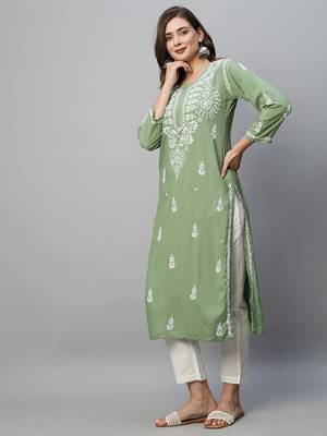 hand embroidered sage green rayon lucknowi chikankari straight kurta 4