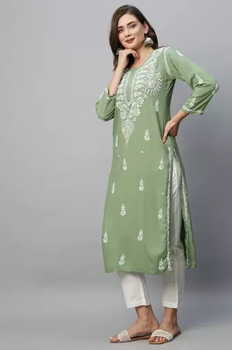 hand embroidered sage green rayon lucknowi chikankari straight kurta