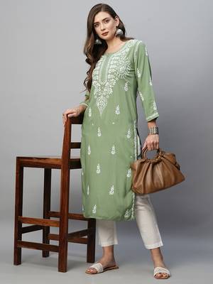 hand embroidered sage green rayon lucknowi chikankari straight kurta 5