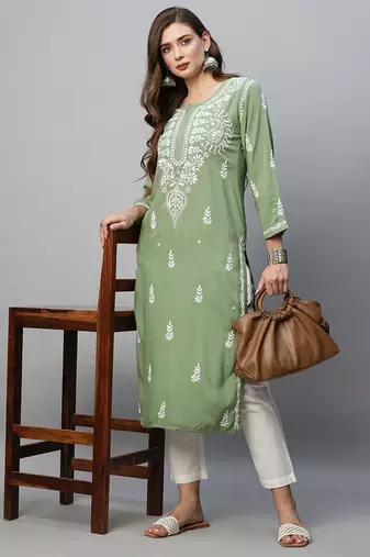 hand embroidered sage green rayon lucknowi chikankari straight kurta