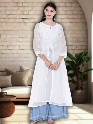 hand embroidered white kota lucknowi chikankari a- line kurta 1