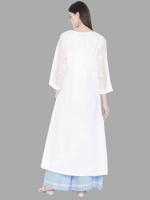 hand embroidered white kota lucknowi chikankari a- line kurta 2