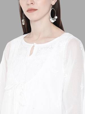 hand embroidered white kota lucknowi chikankari a- line kurta 4