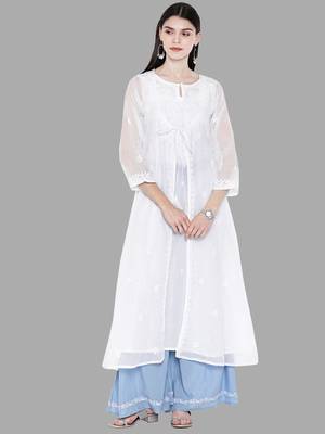 hand embroidered white kota lucknowi chikankari a- line kurta 5