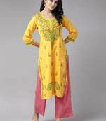 hand embroidered yellow cotton lucknowi chikankari straight kurta