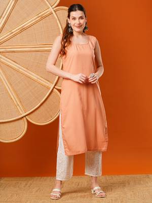 hand embroidered peach kota lucknowi chikankari straight kurta with slip 6
