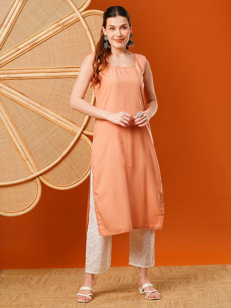 hand embroidered peach kota lucknowi chikankari straight kurta with slip