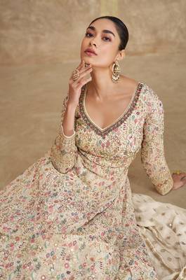 Beige embroidered georgette free size anarkali suit 2