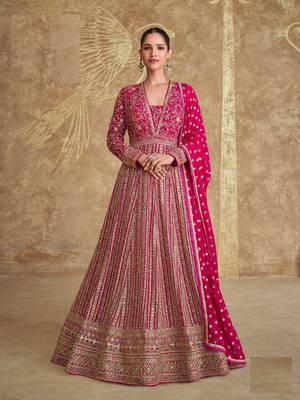 Pink embroidered georgette free size anarkali suit 1