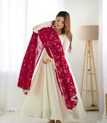 Soft Vichitra  Silk Fabric Fully Flair Kali Pattern And Canvas Patta Kurti With Dupatta And Pent