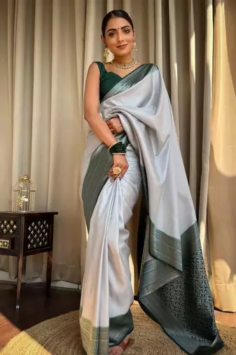 Silver Faux Banarasi Silk Traditional Wedding Saree