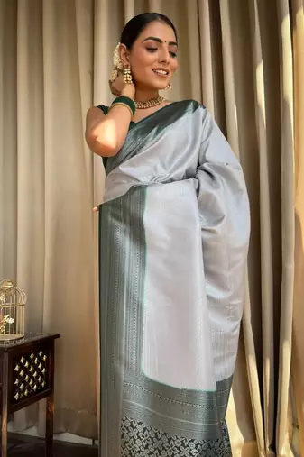 Silver Faux Banarasi Silk Traditional Wedding Saree