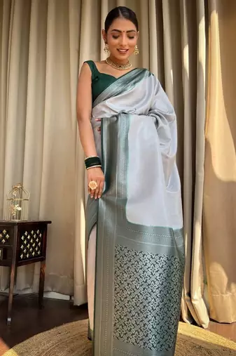 Silver Faux Banarasi Silk Traditional Wedding Saree