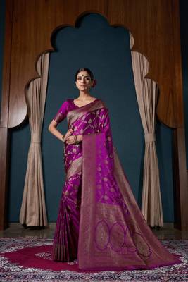 Wine Zari Woven Banarasi Satin Silk Saree 1