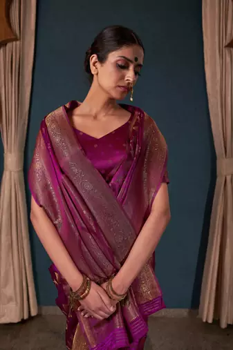 Wine Zari Woven Banarasi Satin Silk Saree