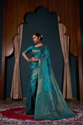 Teal Blue Zari Woven Banarasi Satin Silk Saree 1
