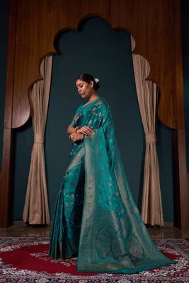 Teal Blue Zari Woven Banarasi Satin Silk Saree 2