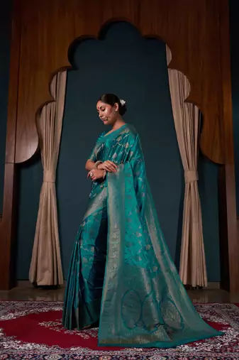 Teal Blue Zari Woven Banarasi Satin Silk Saree