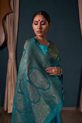 Teal Blue Zari Woven Banarasi Satin Silk Saree 3