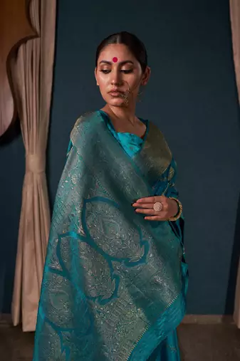 Teal Blue Zari Woven Banarasi Satin Silk Saree