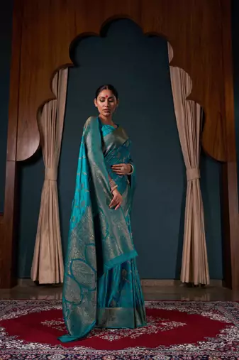 Teal Blue Zari Woven Banarasi Satin Silk Saree