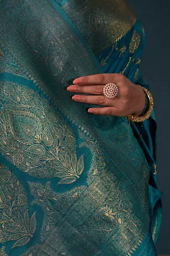 Teal Blue Zari Woven Banarasi Satin Silk Saree