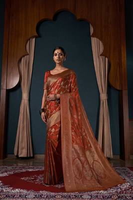 Rust Orange Zari Woven Banarasi Satin Silk Saree 1