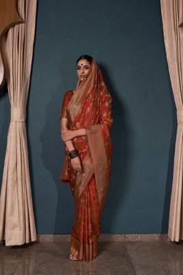 Rust Orange Zari Woven Banarasi Satin Silk Saree 2