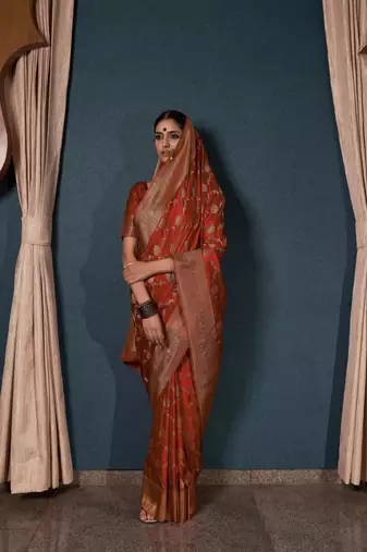 Rust Orange Zari Woven Banarasi Satin Silk Saree