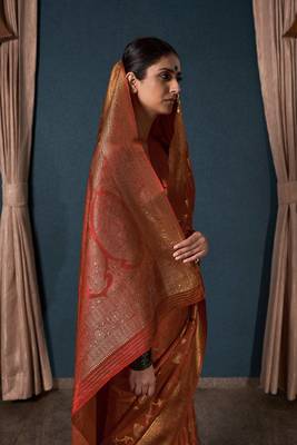 Rust Orange Zari Woven Banarasi Satin Silk Saree 3