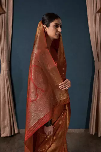 Rust Orange Zari Woven Banarasi Satin Silk Saree