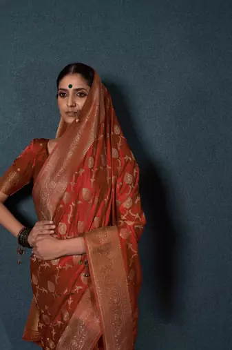 Rust Orange Zari Woven Banarasi Satin Silk Saree