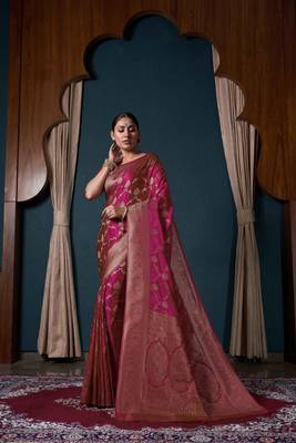 Pink Zari Woven Banarasi Satin Silk Saree 1