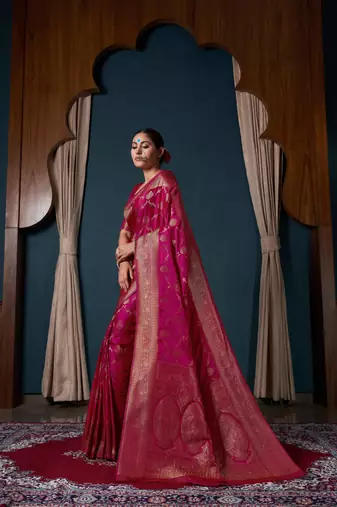 Pink Zari Woven Banarasi Satin Silk Saree