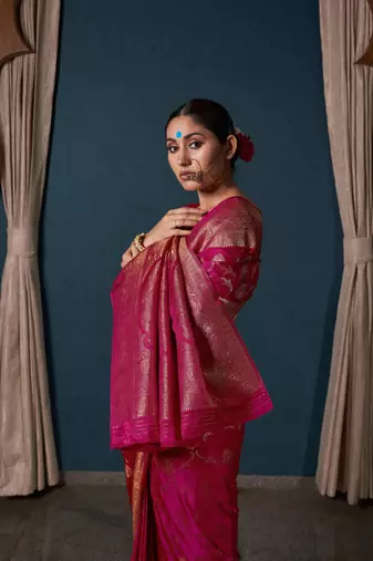 Pink Zari Woven Banarasi Satin Silk Saree