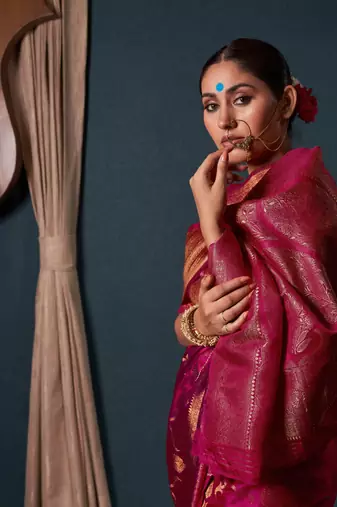 Pink Zari Woven Banarasi Satin Silk Saree