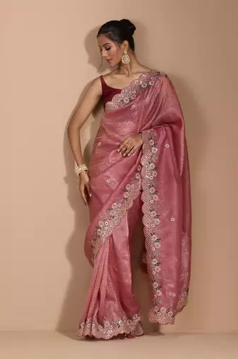 Onion pink gold crush embroidery & sequence work with all over butta and amazing arc cutting