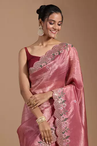 Onion pink gold crush embroidery & sequence work with all over butta and amazing arc cutting