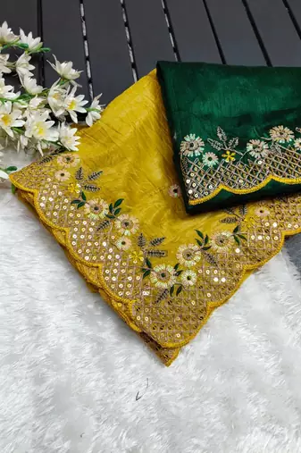 Yellow gold crush embroidery & sequence work with all over butta and amazing arc cutting