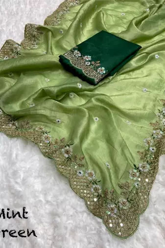 Green gold crush embroidery & sequence work with all over butta and amazing arc cutting
