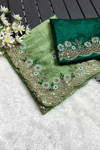 Green gold crush embroidery & sequence work with all over butta and amazing arc cutting