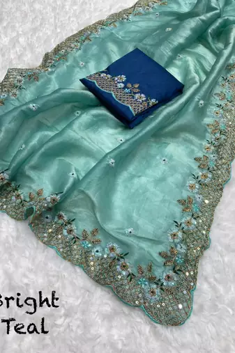 Teal gold crush embroidery & sequence work with all over butta and amazing arc cutting