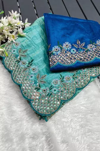 Teal gold crush embroidery & sequence work with all over butta and amazing arc cutting